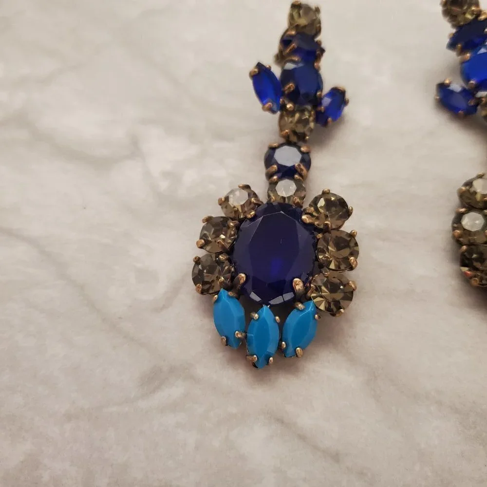 💖 J.Crew Blue Grey Rhinestones Crystals Cluster Statement Drop Dangle Earrings